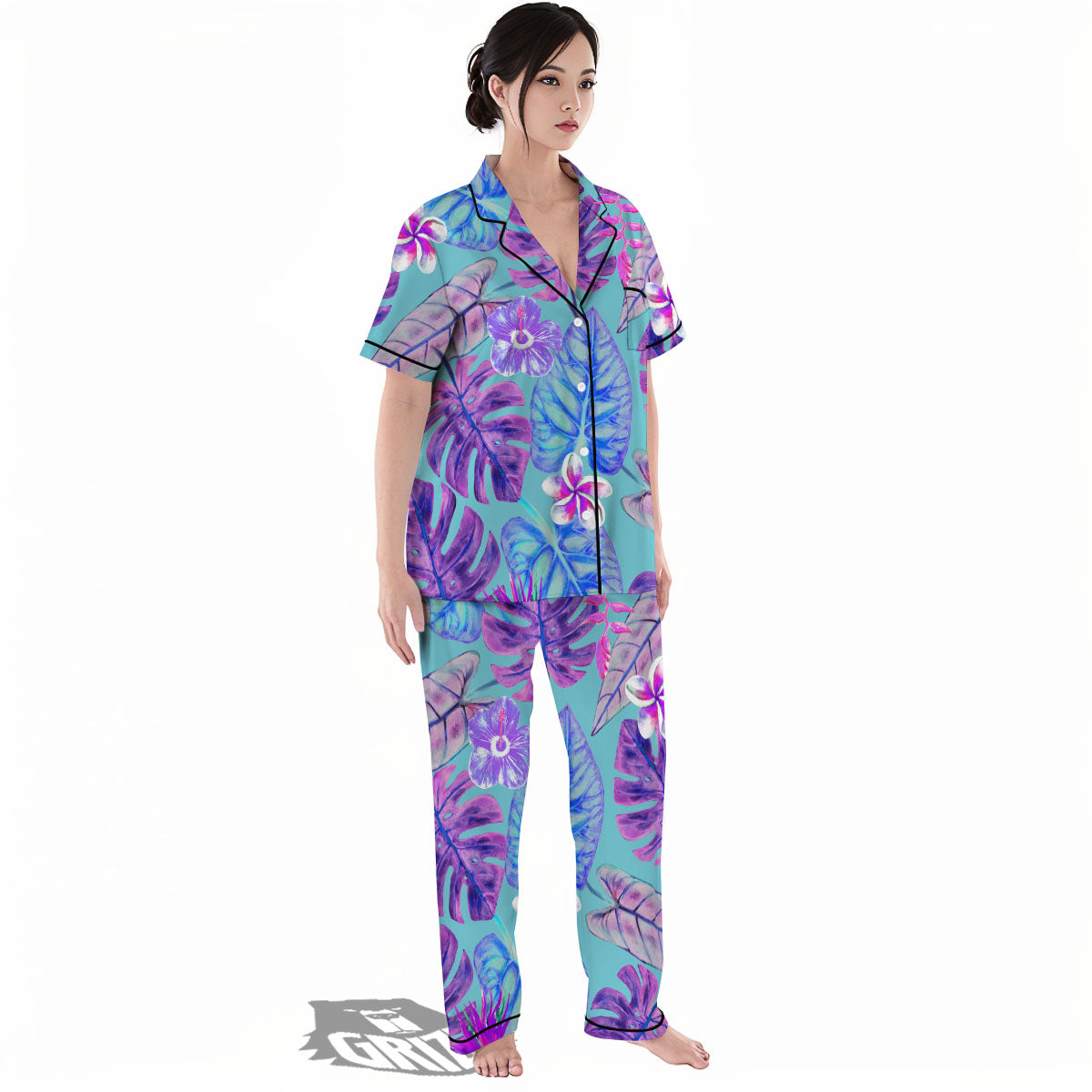 Tropical Leaf Teal And Purple Print Women's Pajamas Set-grizzshop