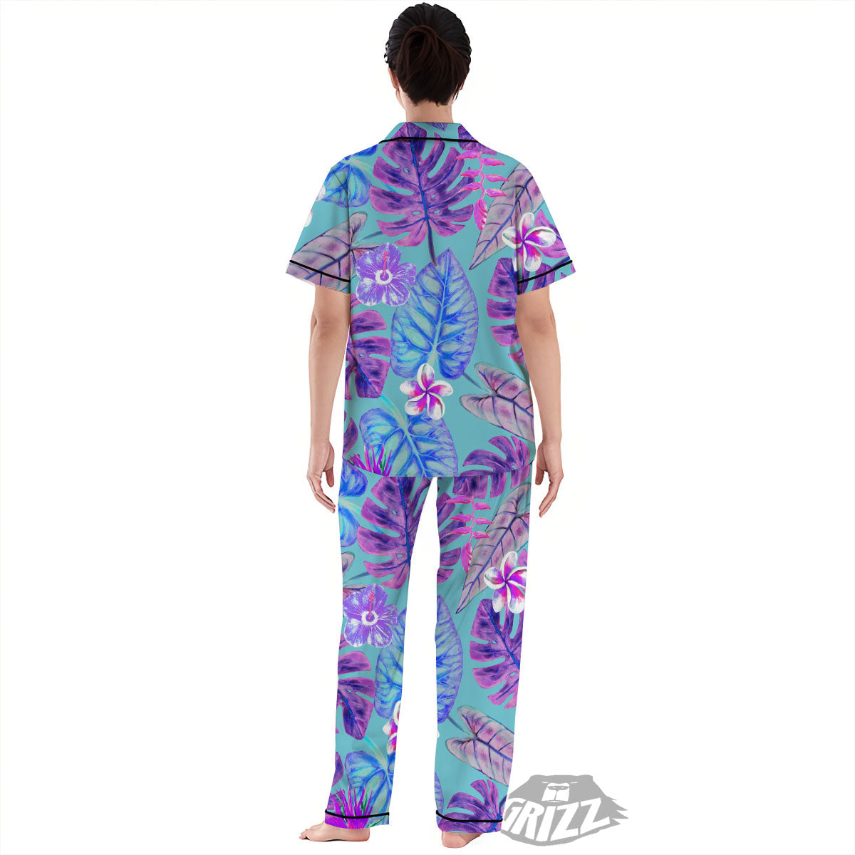 Tropical Leaf Teal And Purple Print Women's Pajamas Set-grizzshop