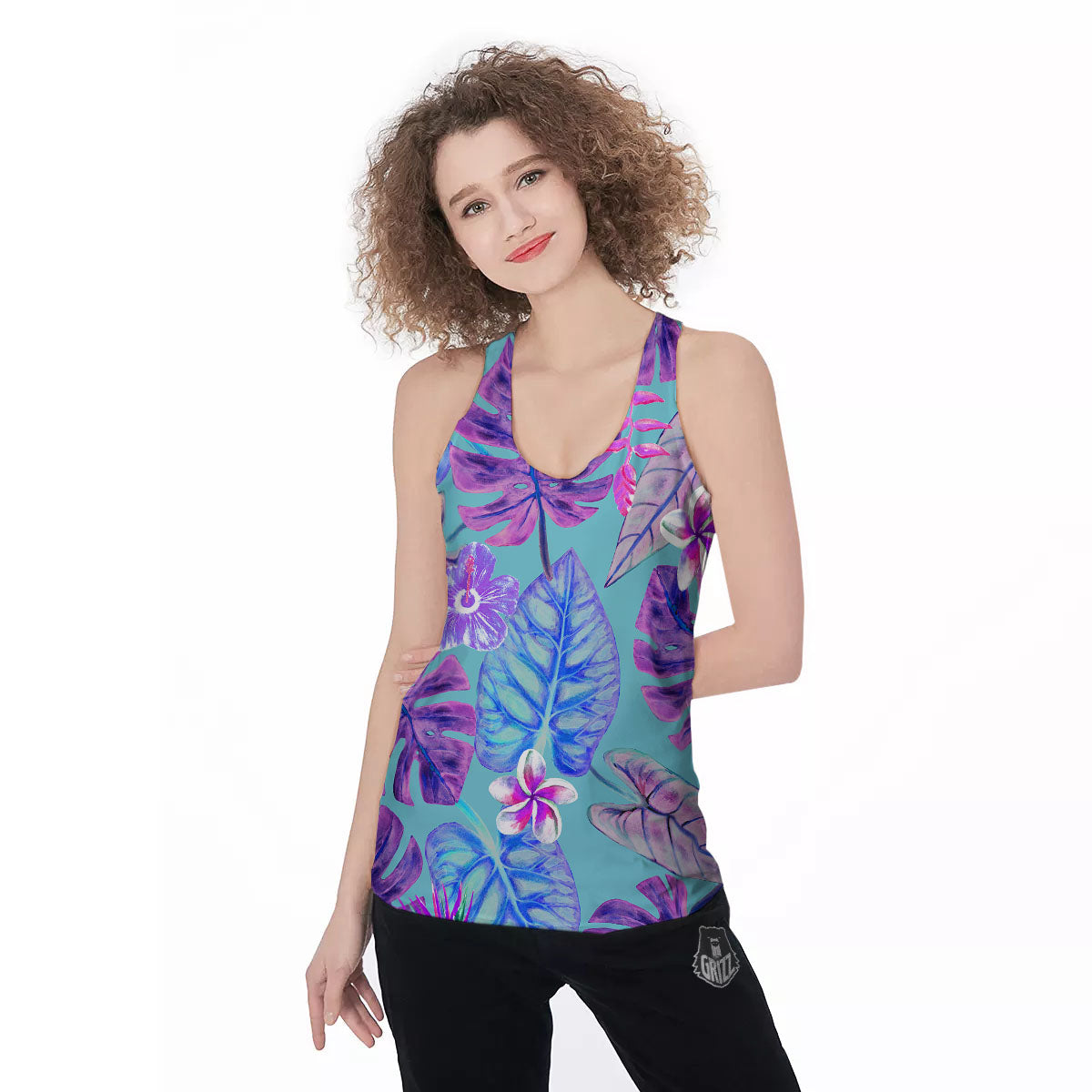 Tropical Leaf Teal And Purple Print Women's Racerback Tank Top-grizzshop