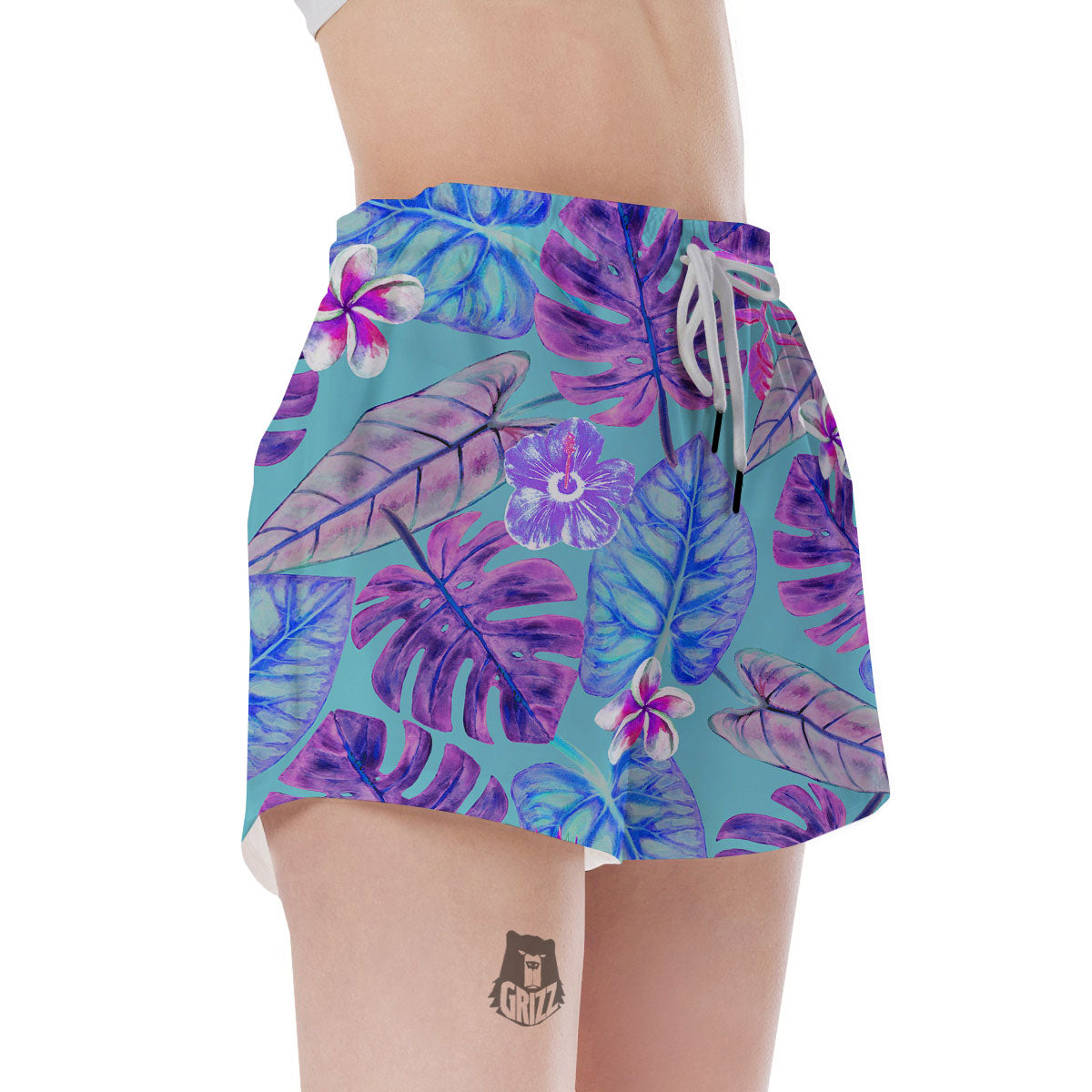 Tropical Leaf Teal And Purple Print Women's Shorts-grizzshop