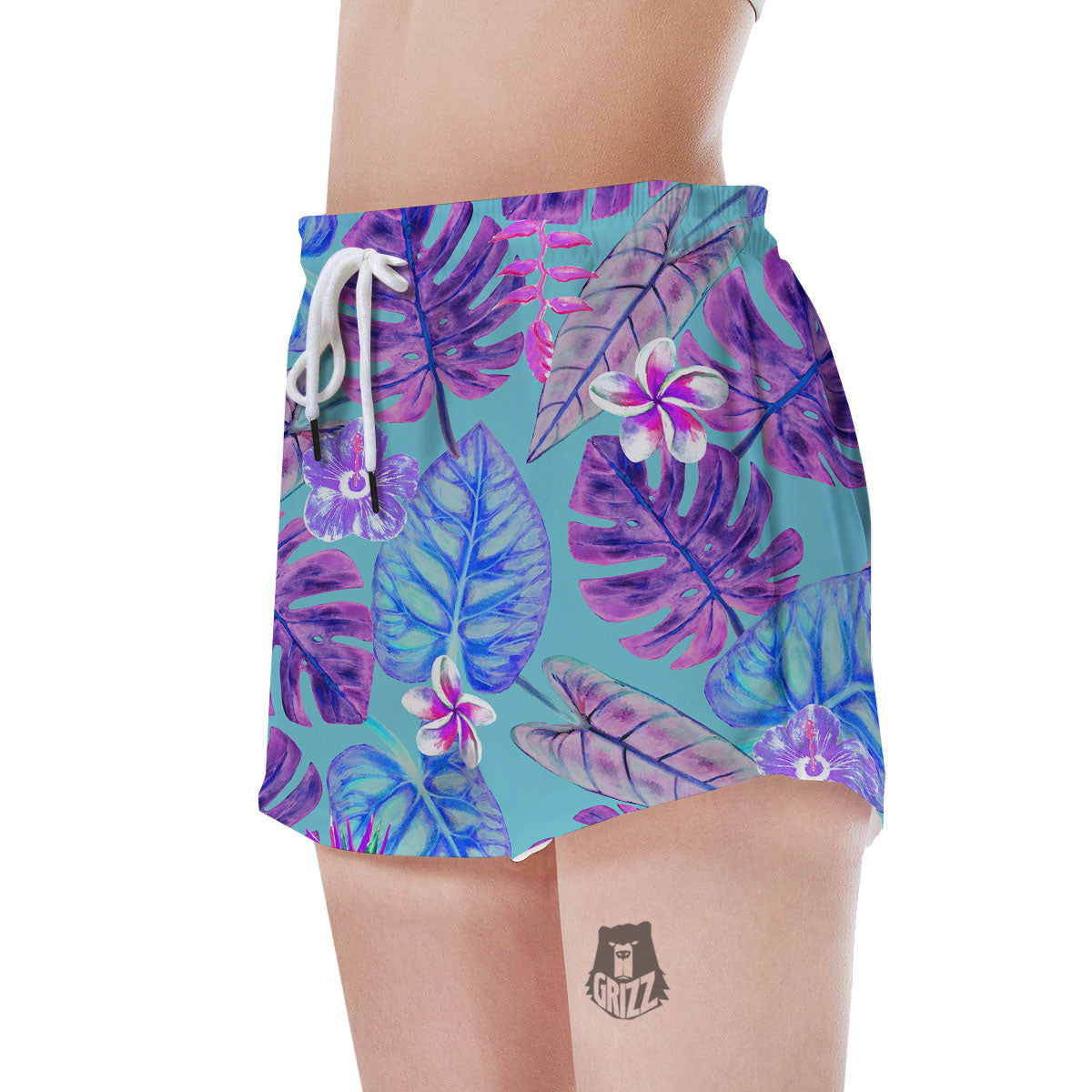 Tropical Leaf Teal And Purple Print Women's Shorts-grizzshop