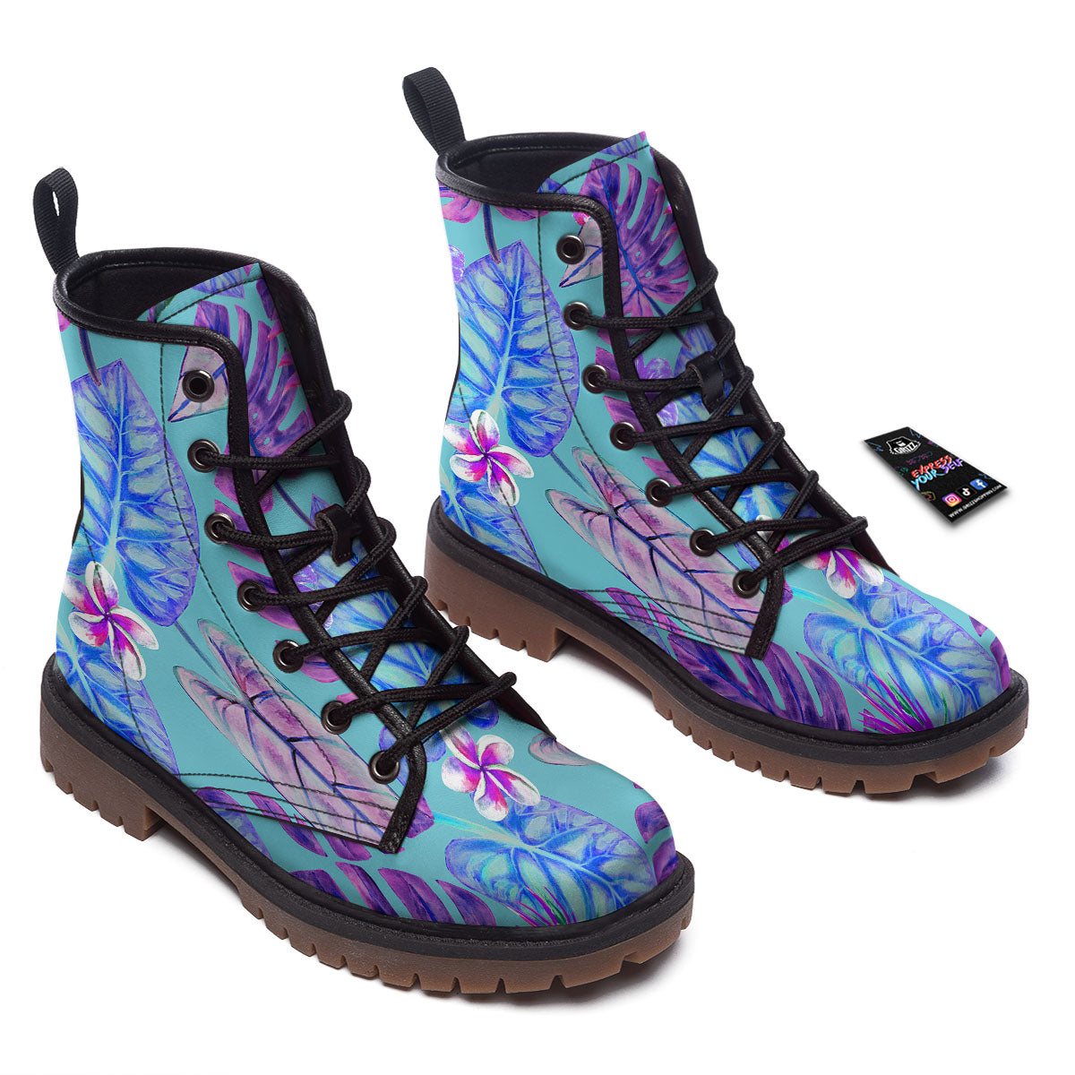Tropical Leaf Teal And Purple Print Work Boots-grizzshop