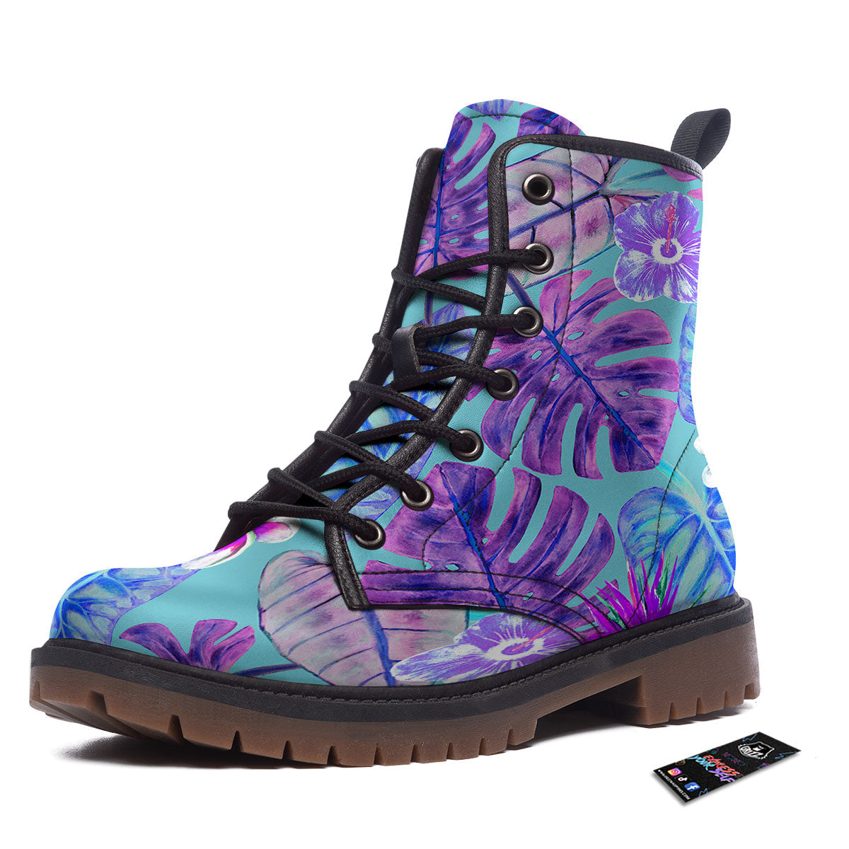 Tropical Leaf Teal And Purple Print Work Boots-grizzshop
