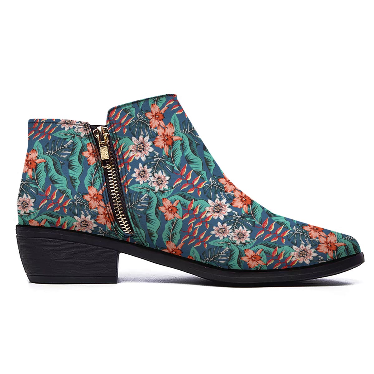 Tropical Leaf Teal Print Pattern Ankle Boots-grizzshop