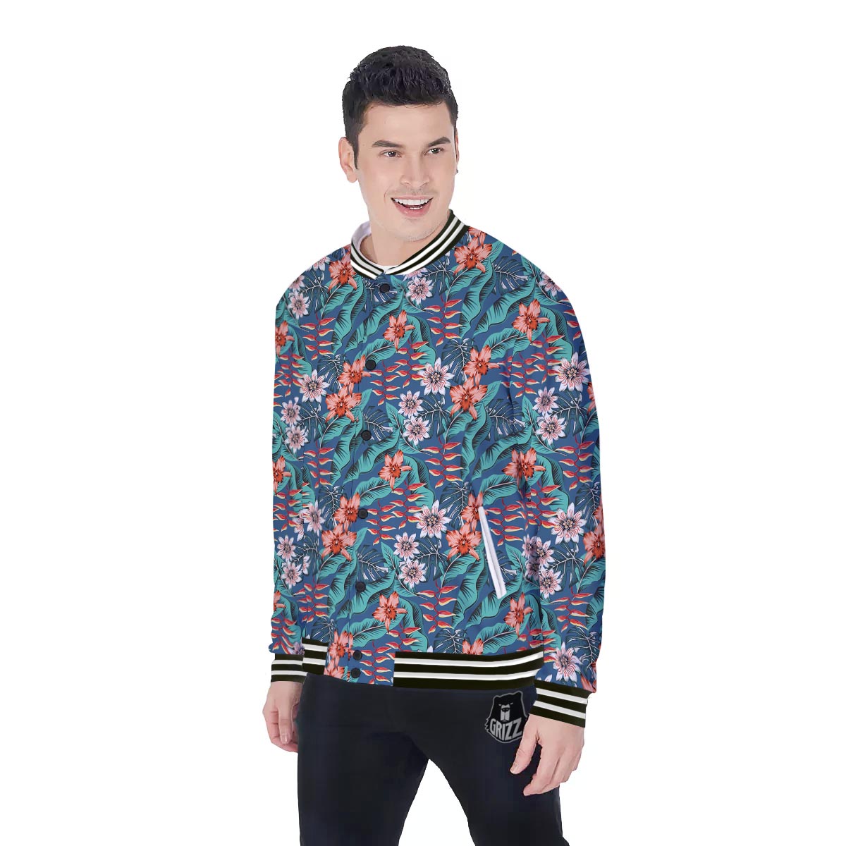 Tropical Leaf Teal Print Pattern Baseball Jacket-grizzshop