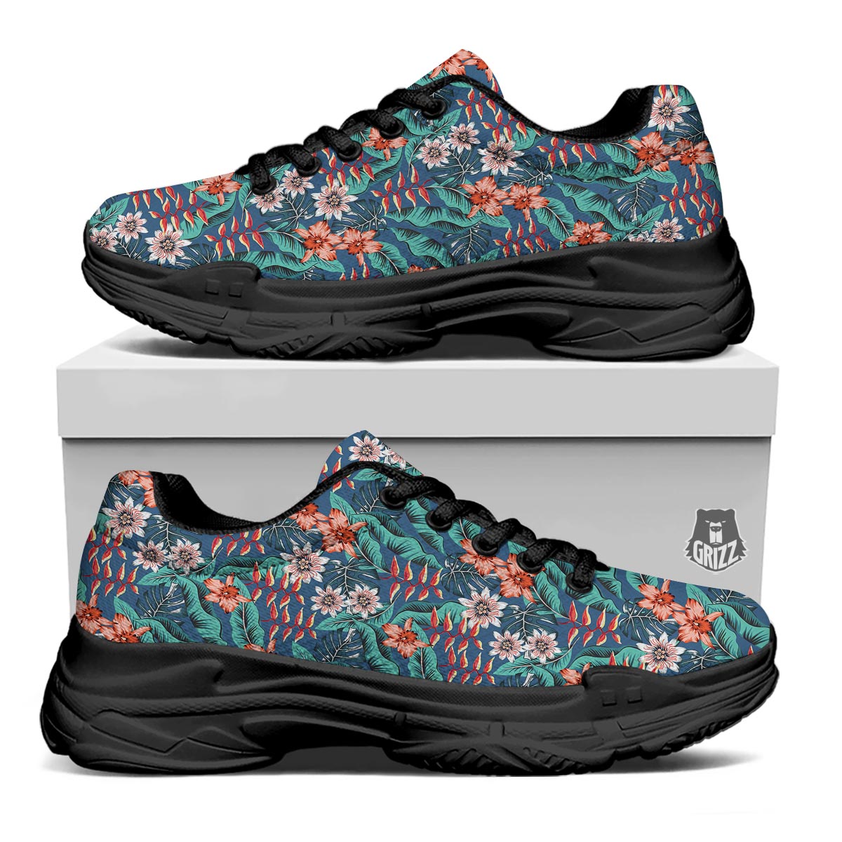 Tropical Leaf Teal Print Pattern Black Chunky Shoes-grizzshop