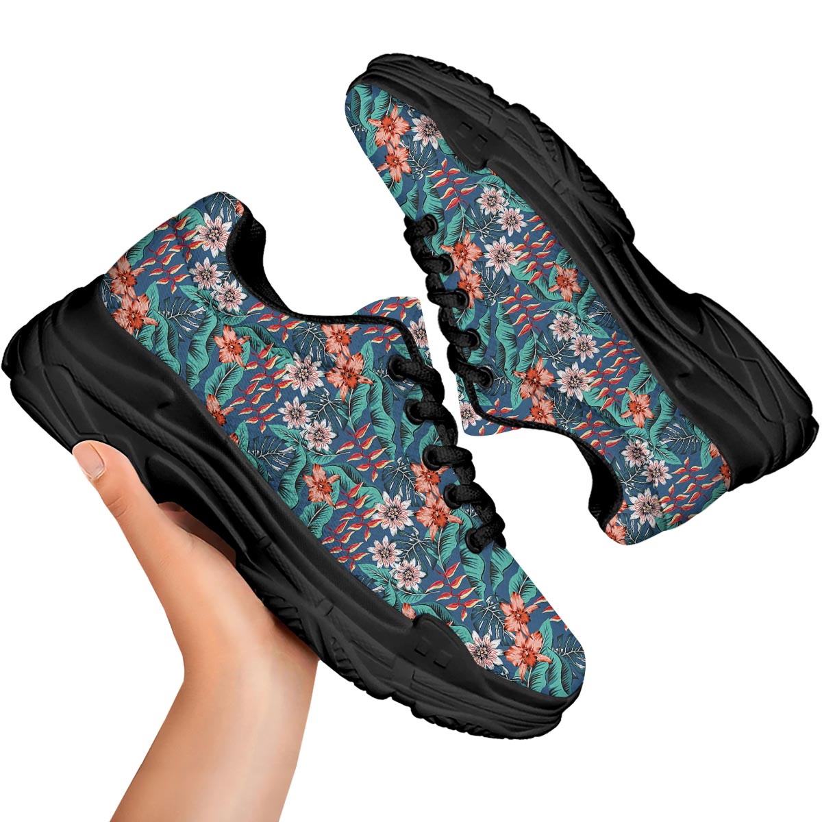 Tropical Leaf Teal Print Pattern Black Chunky Shoes-grizzshop