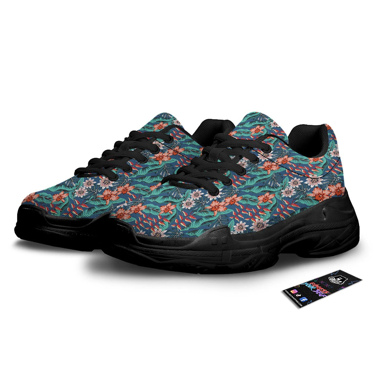 Tropical Leaf Teal Print Pattern Black Chunky Shoes-grizzshop