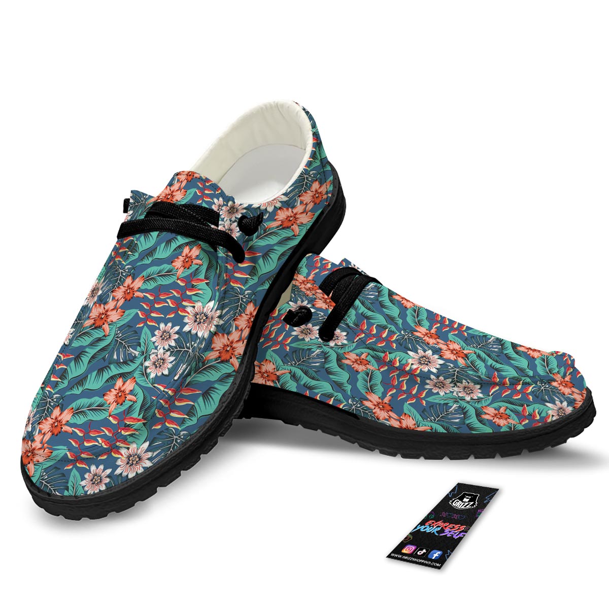 Tropical Leaf Teal Print Pattern Black Loafers-grizzshop