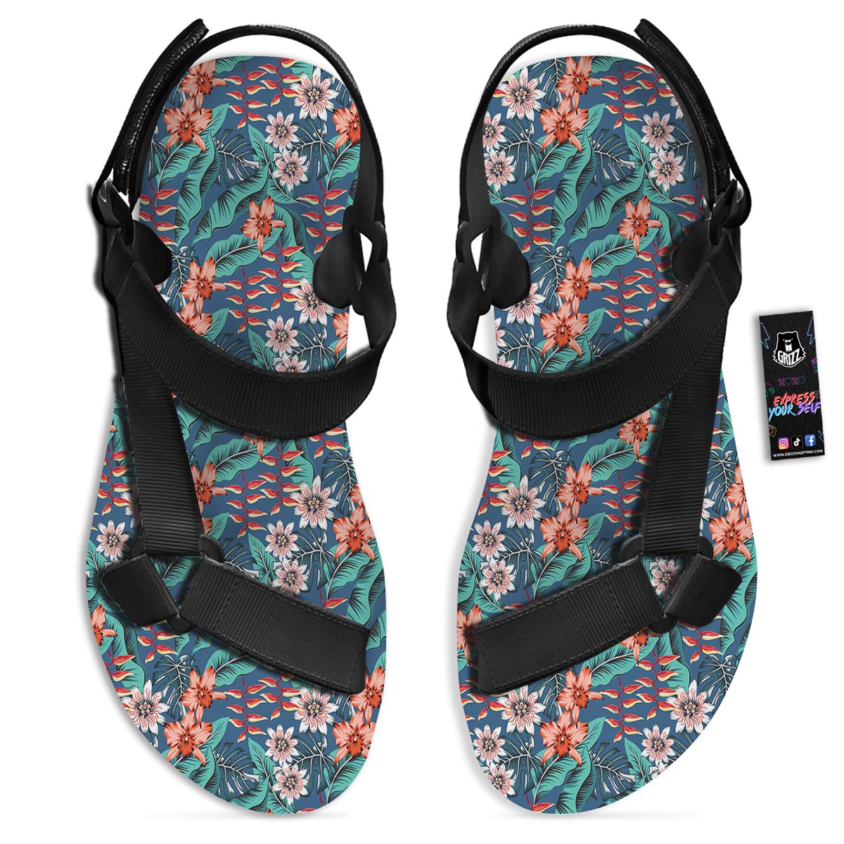Tropical Leaf Teal Print Pattern Black Open Toe Sandals-grizzshop