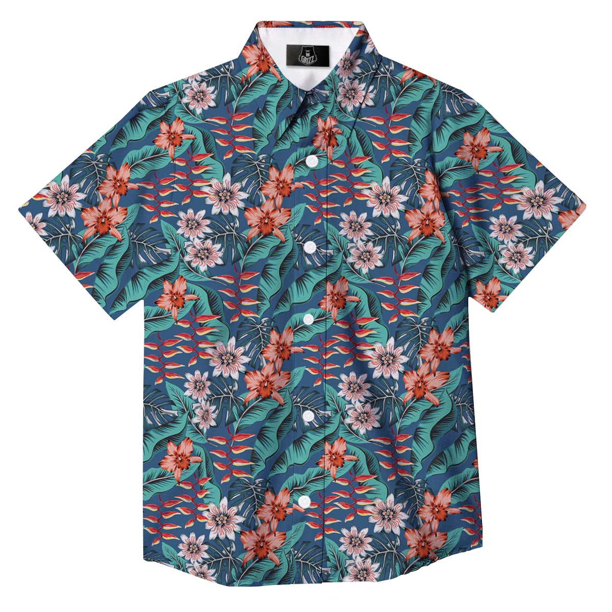 Tropical Leaf Teal Print Pattern Button Up Shirt-grizzshop