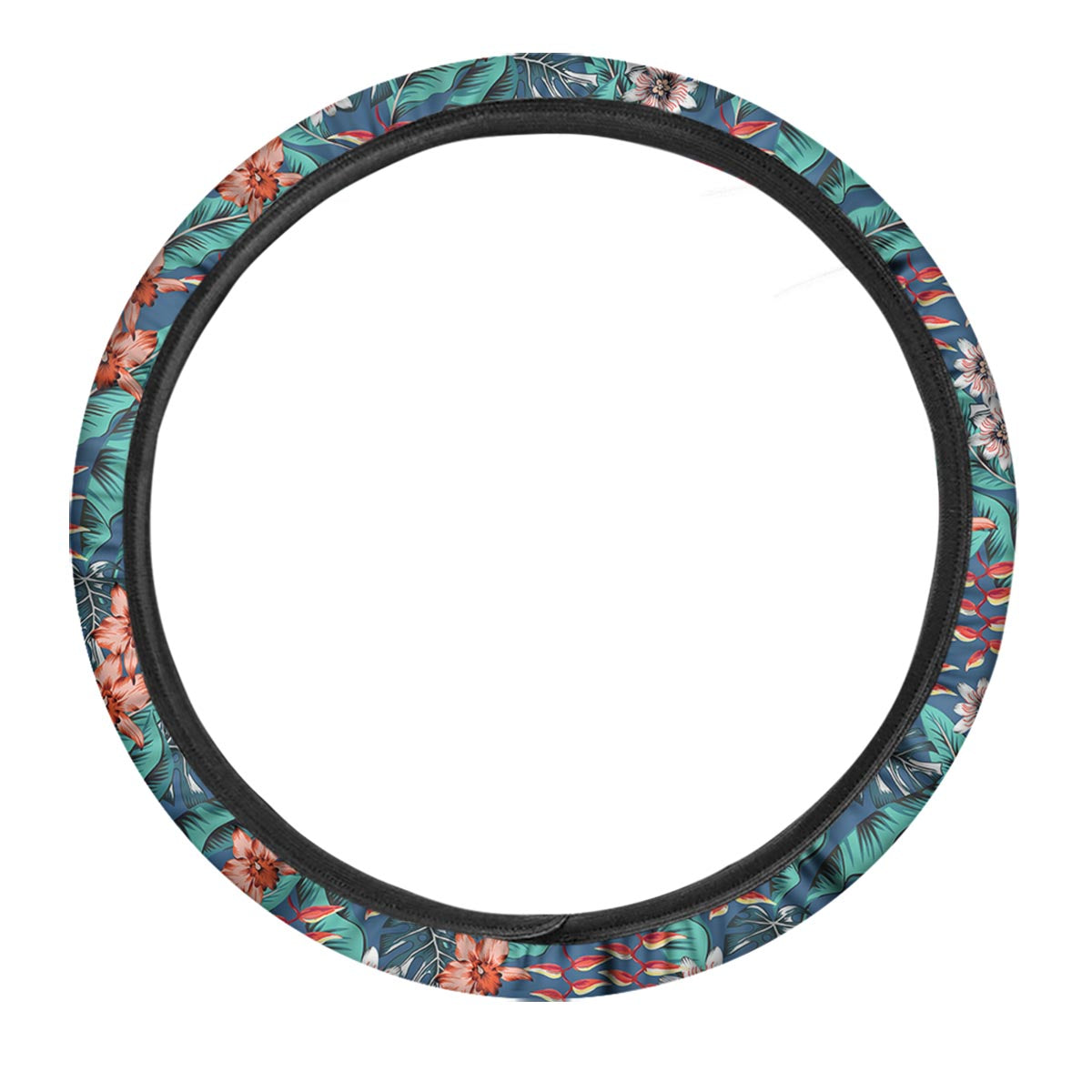 Tropical Leaf Teal Print Pattern Car Steering Wheel Cover-grizzshop
