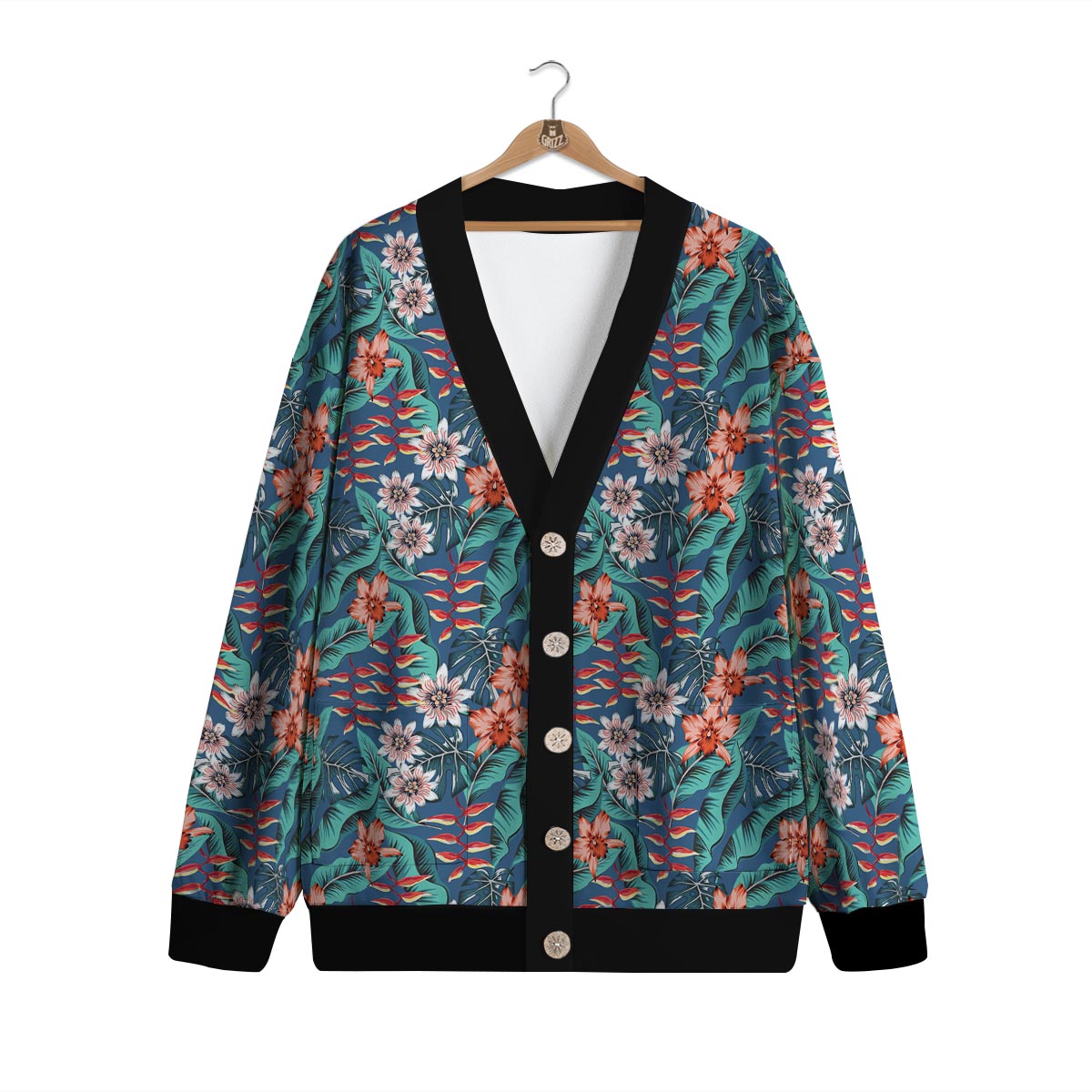 Tropical Leaf Teal Print Pattern Cardigan-grizzshop