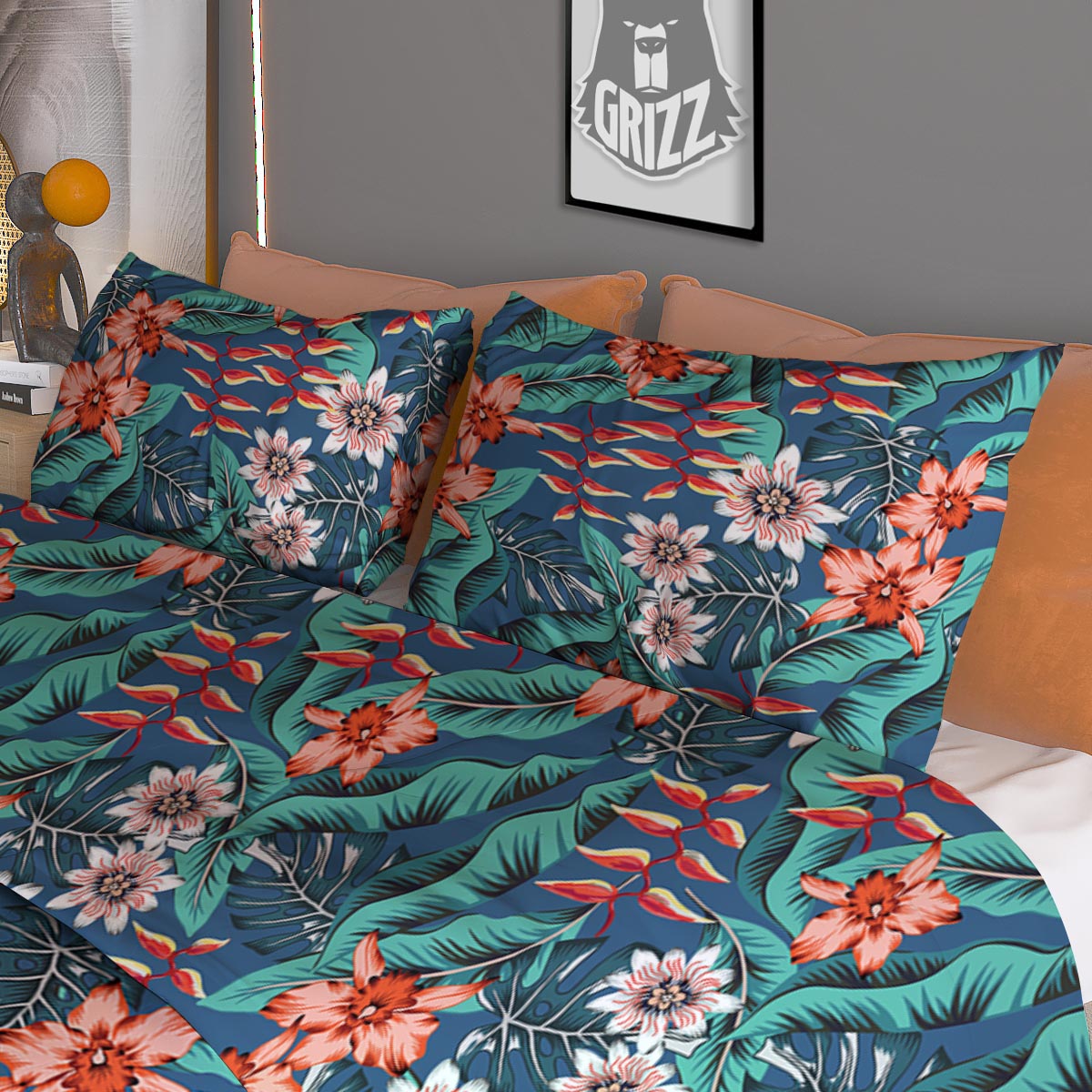 Tropical Leaf Teal Print Pattern Duvet Cover Bedding Set
