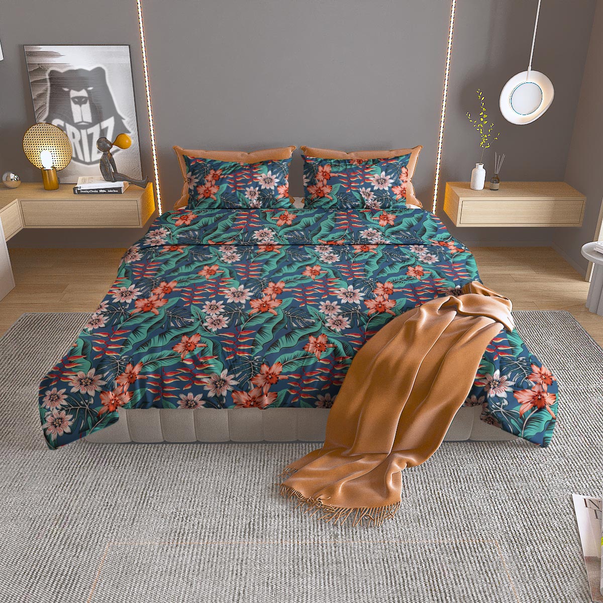 Tropical Leaf Teal Print Pattern Duvet Cover Bedding Set