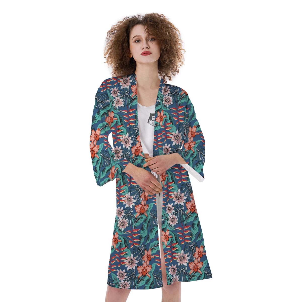 Tropical Leaf Teal Print Pattern Kimono-grizzshop