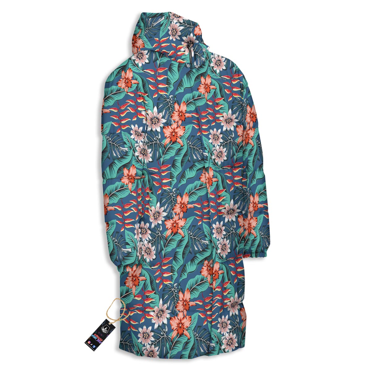 Tropical Leaf Teal Print Pattern Long Down Jacket-grizzshop