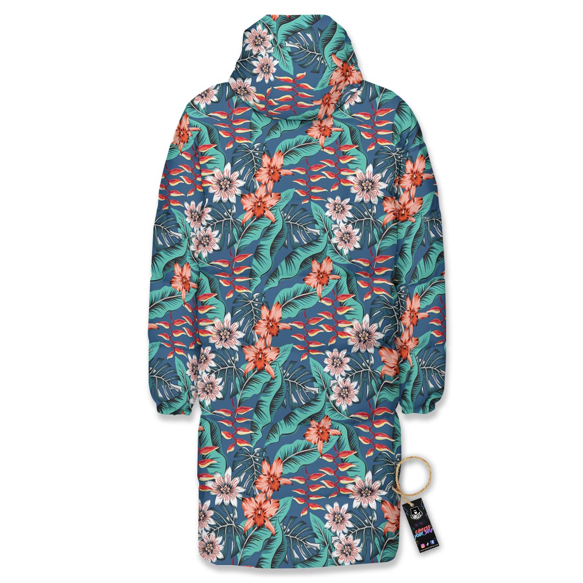 Tropical Leaf Teal Print Pattern Long Down Jacket-grizzshop