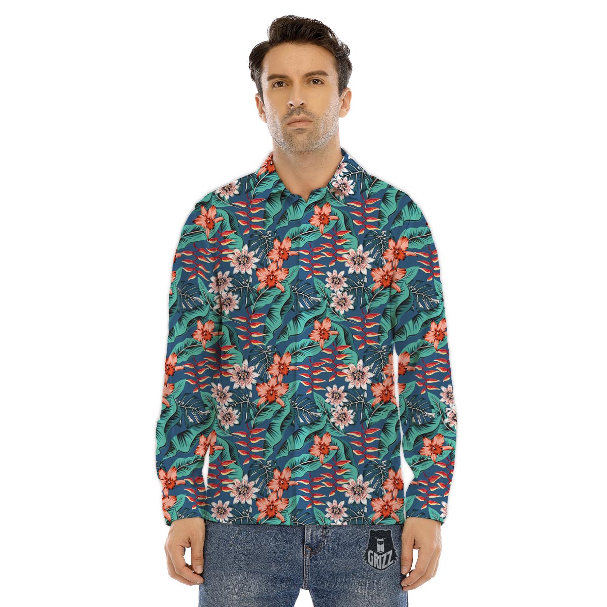 Tropical Leaf Teal Print Pattern Men's Dress Shirts-grizzshop