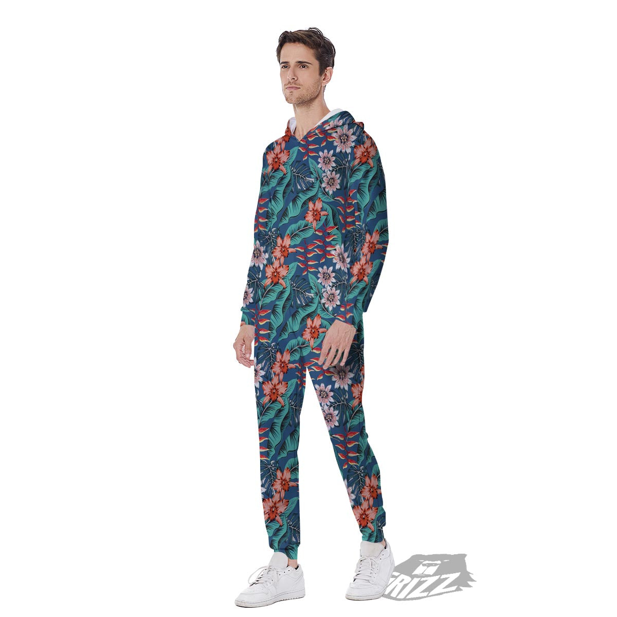 Tropical Leaf Teal Print Pattern Men's Jumpsuit-grizzshop
