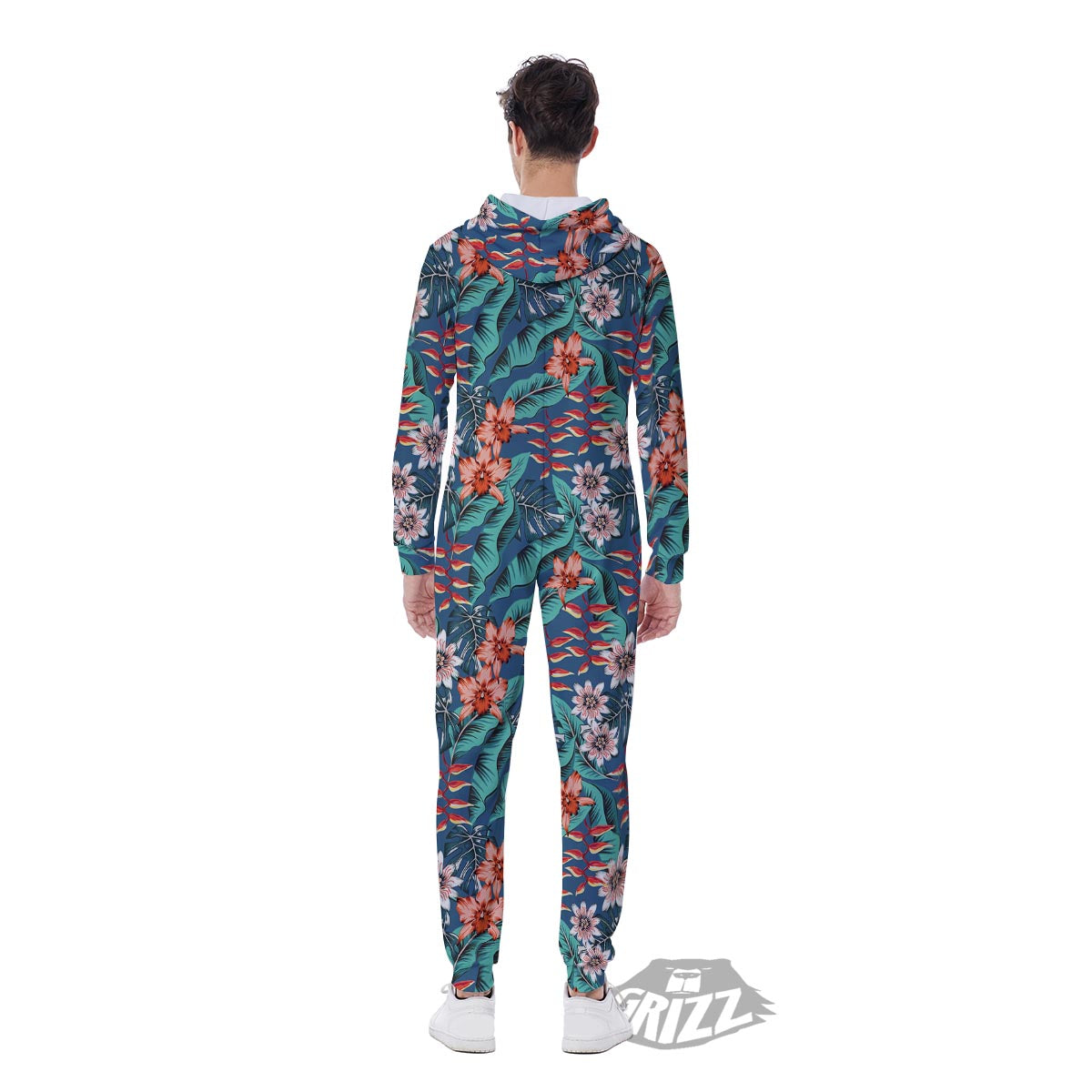 Tropical Leaf Teal Print Pattern Men's Jumpsuit-grizzshop