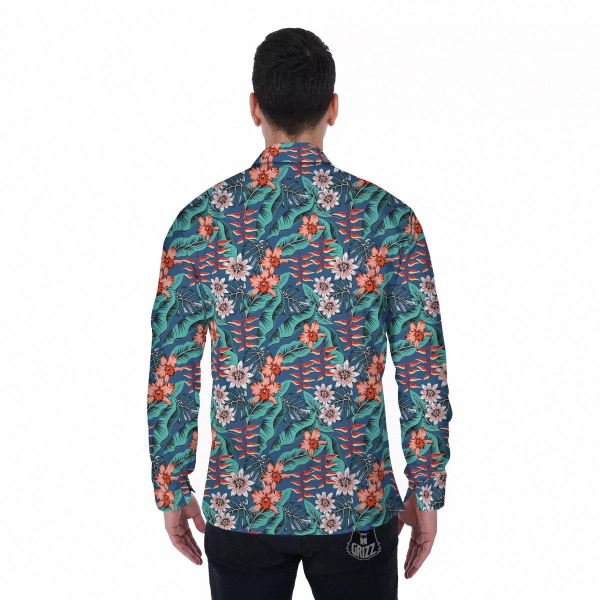 Tropical Leaf Teal Print Pattern Men's Long Sleeve Shirts-grizzshop