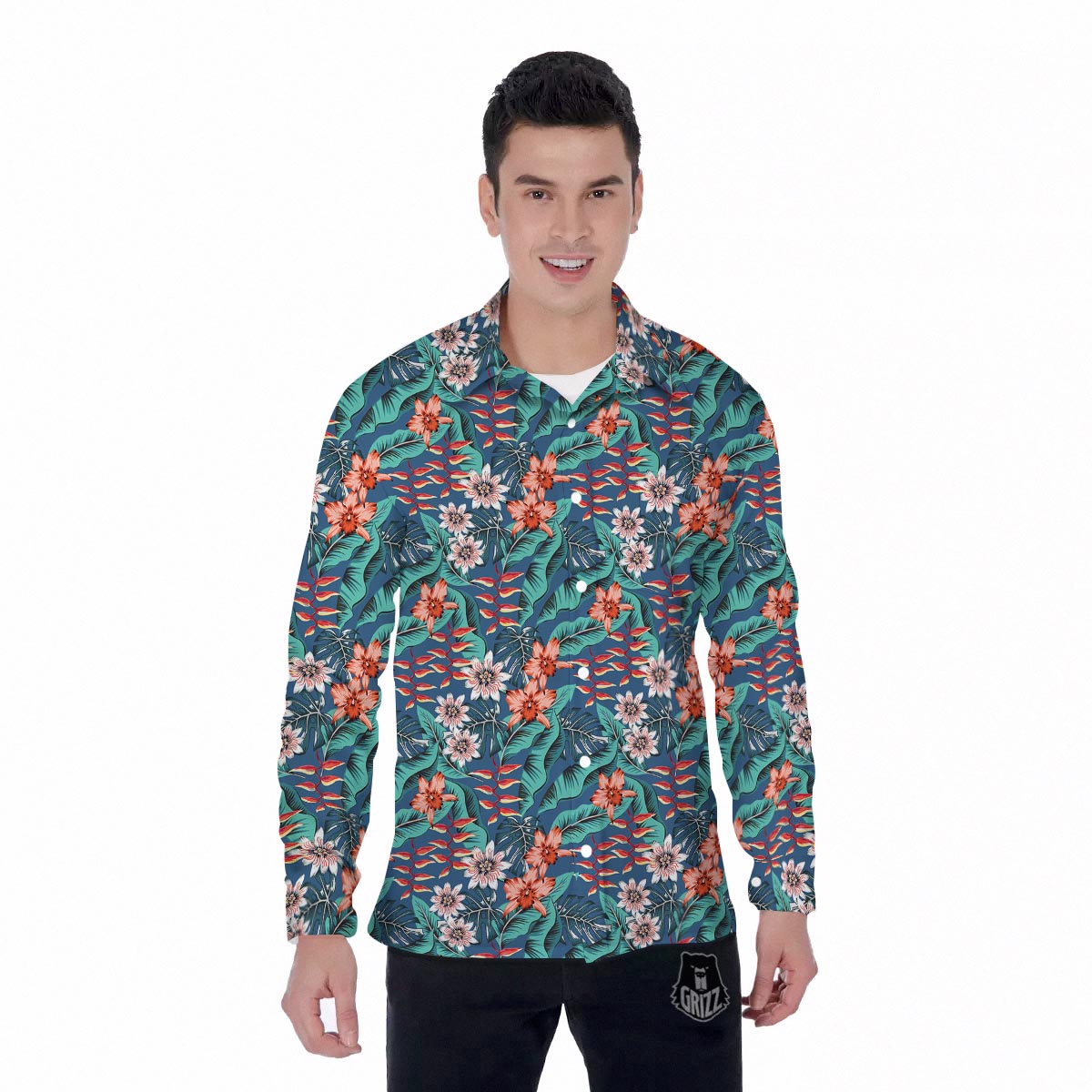 Tropical Leaf Teal Print Pattern Men's Long Sleeve Shirts-grizzshop