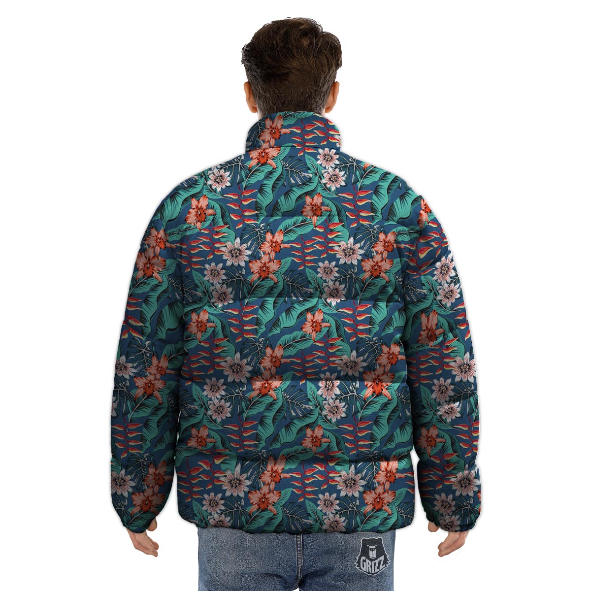 Tropical Leaf Teal Print Pattern Puffer Jacket-grizzshop