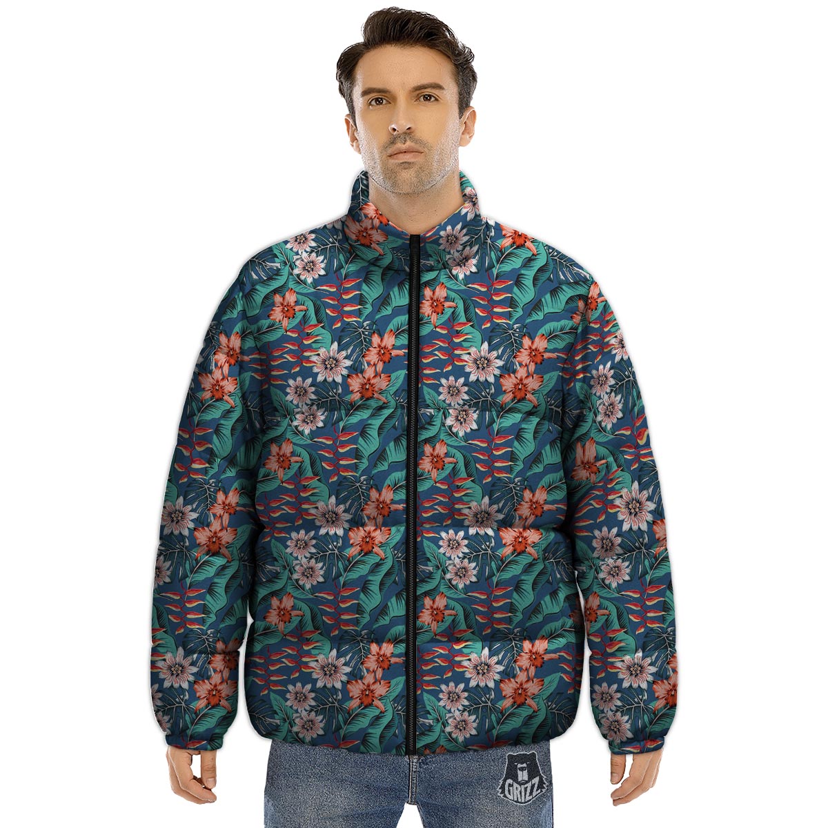 Tropical Leaf Teal Print Pattern Puffer Jacket-grizzshop