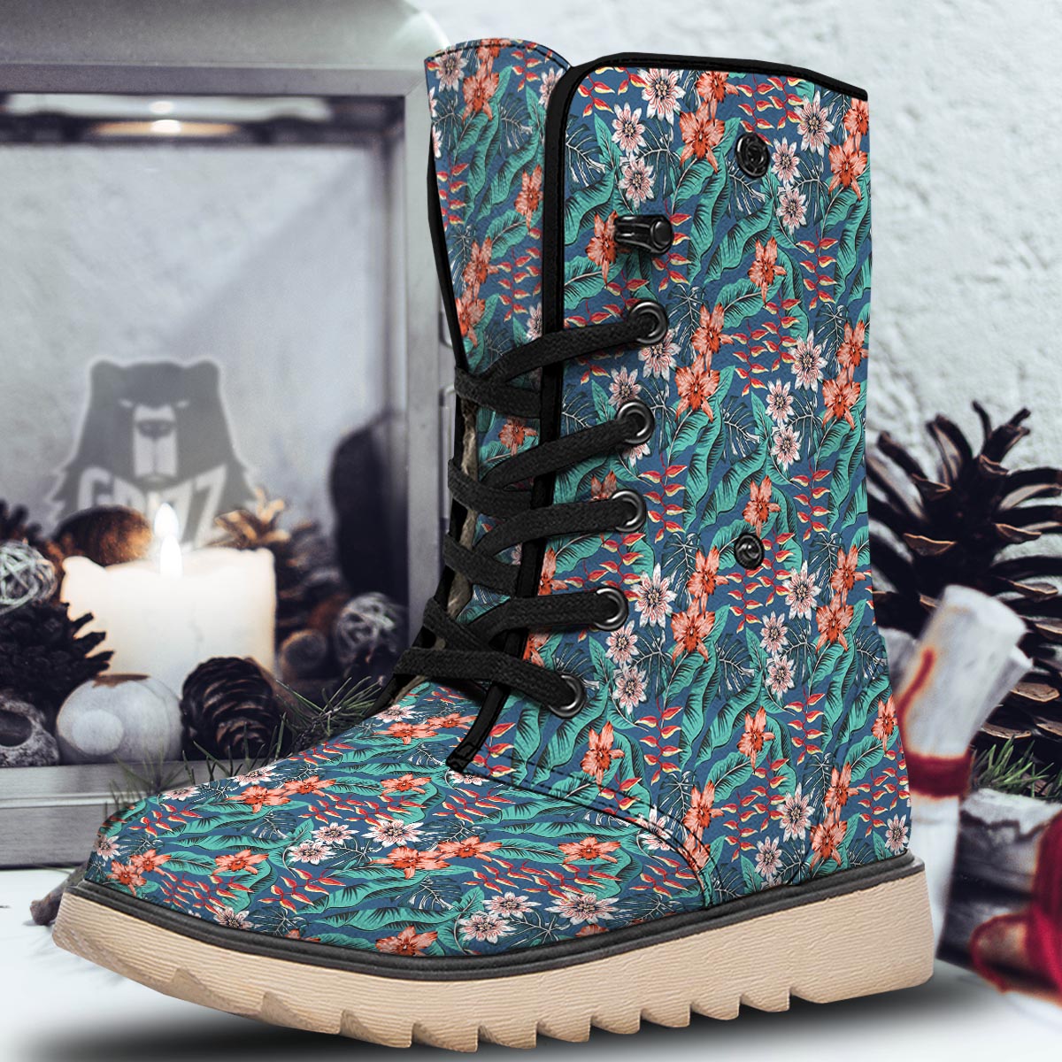 Tropical Leaf Teal Print Pattern Snow Boots-grizzshop