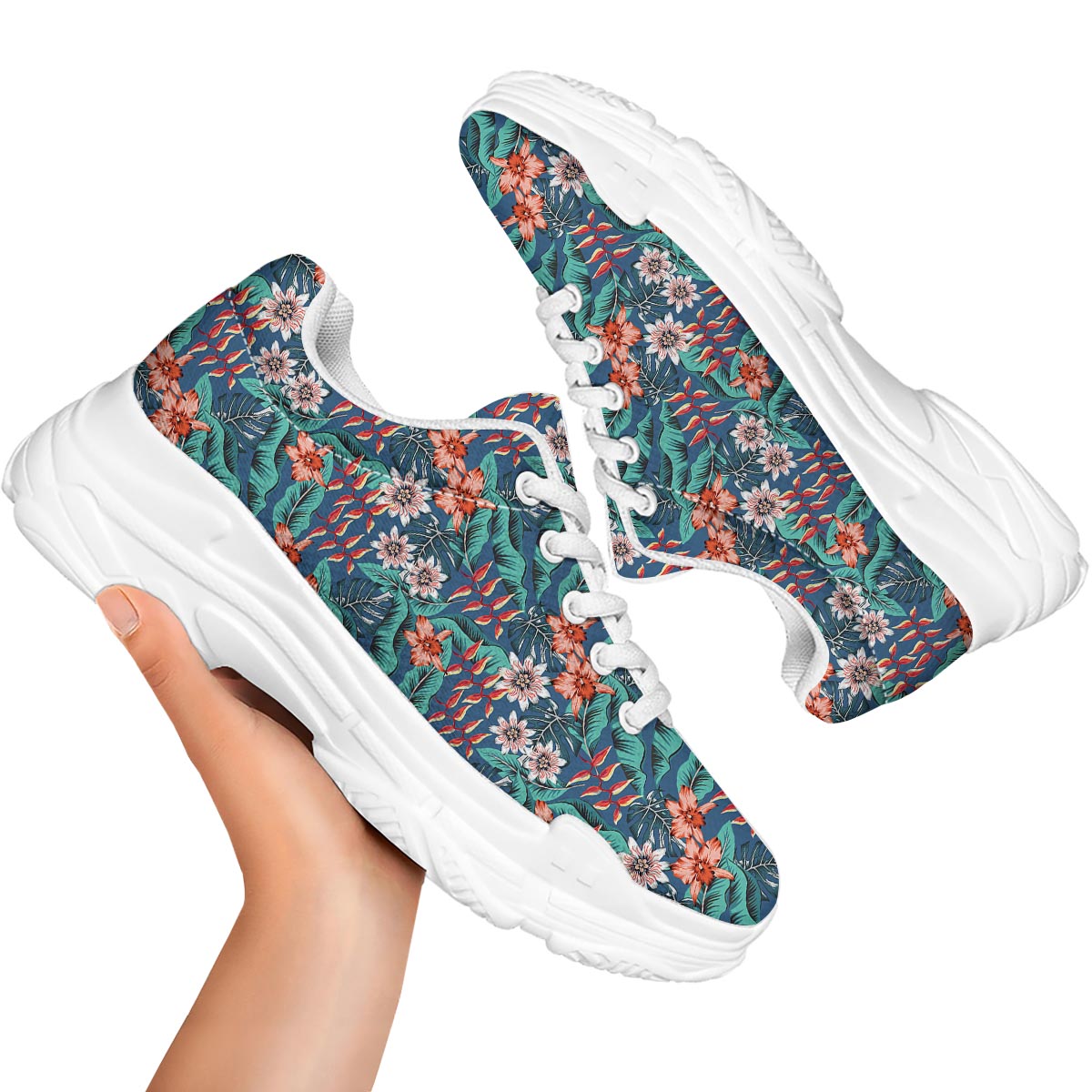 Tropical Leaf Teal Print Pattern White Chunky Shoes-grizzshop
