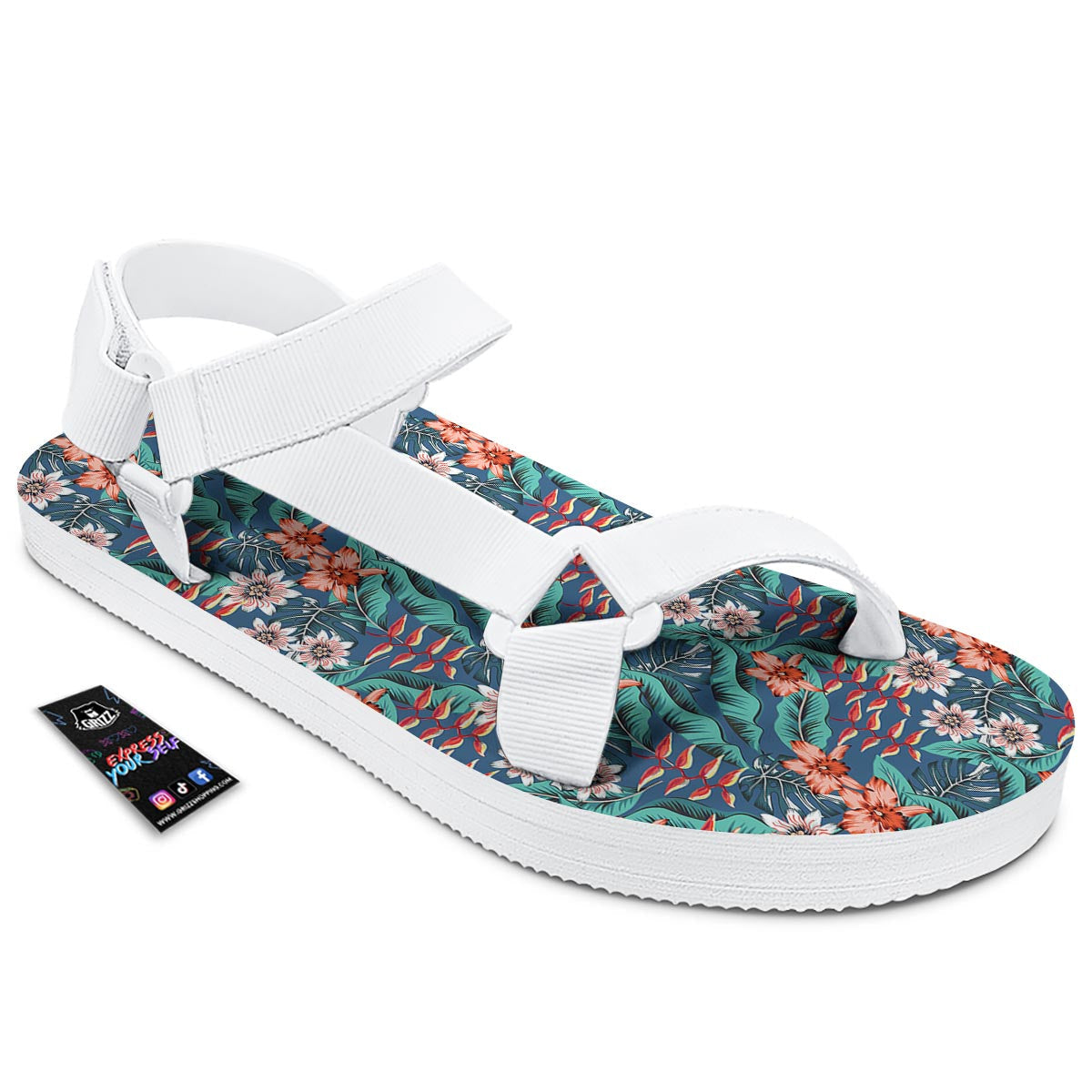 Tropical Leaf Teal Print Pattern White Open Toe Sandals-grizzshop