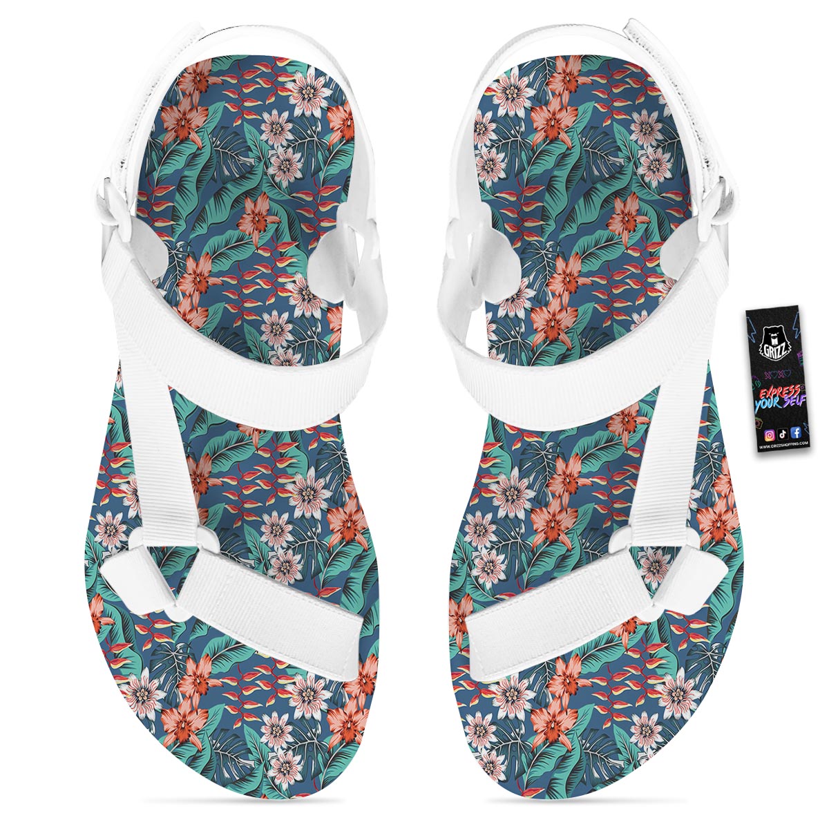 Tropical Leaf Teal Print Pattern White Open Toe Sandals-grizzshop