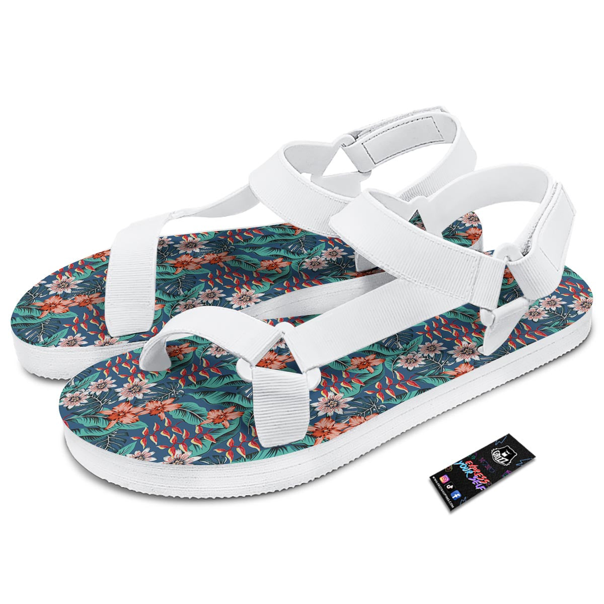 Tropical Leaf Teal Print Pattern White Open Toe Sandals-grizzshop