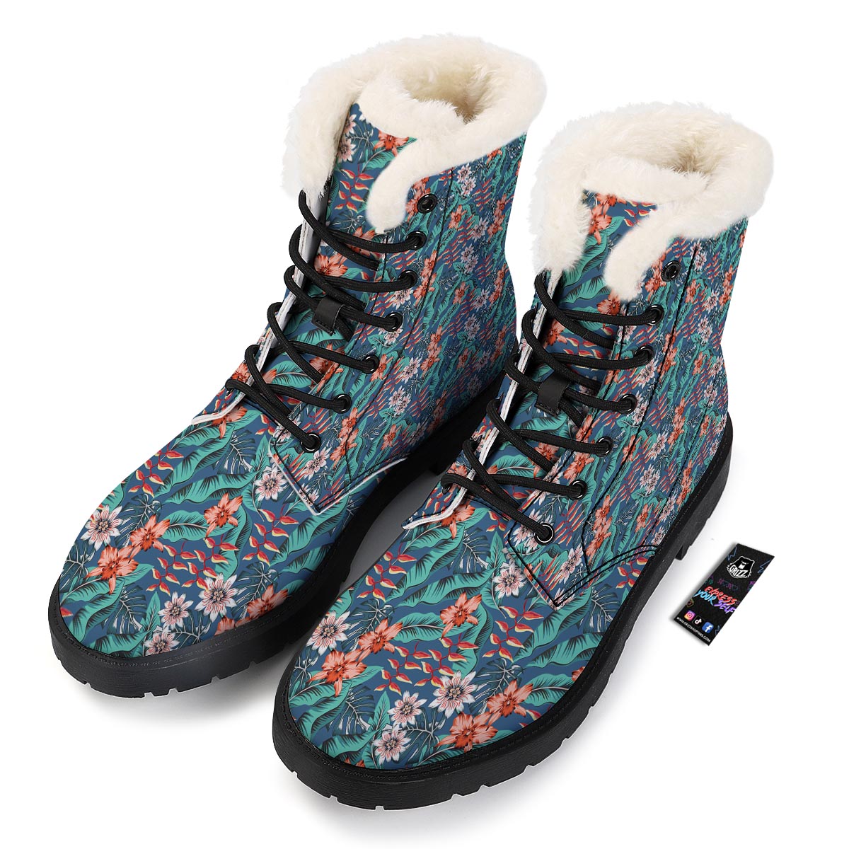 Tropical Leaf Teal Print Pattern Winter Boots-grizzshop