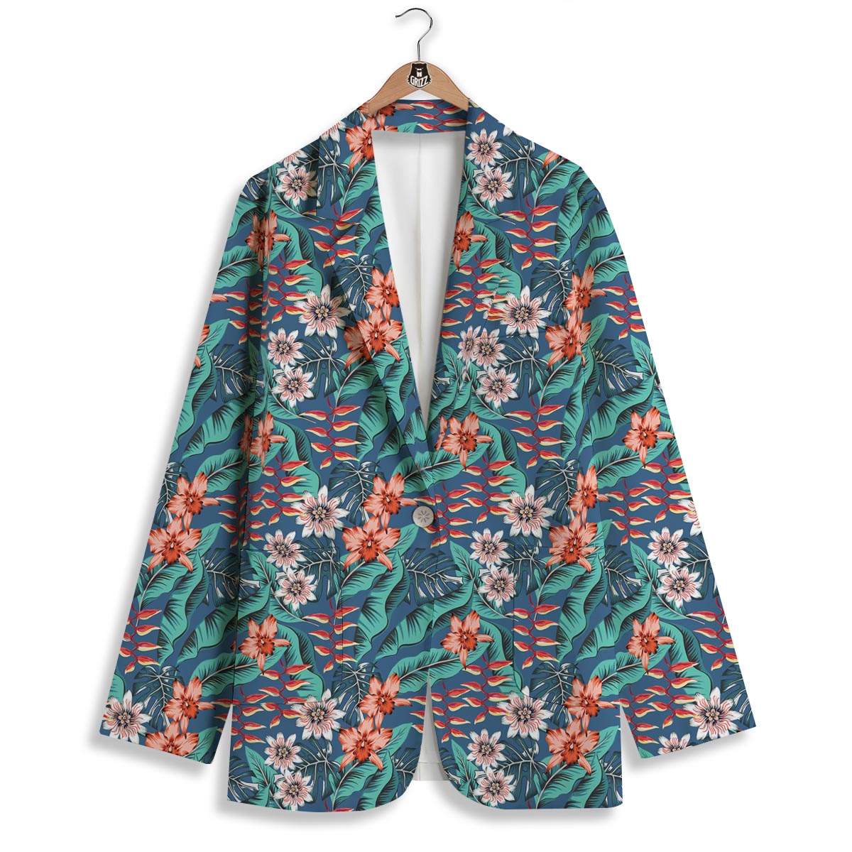 Tropical Leaf Teal Print Pattern Women's Blazer-grizzshop