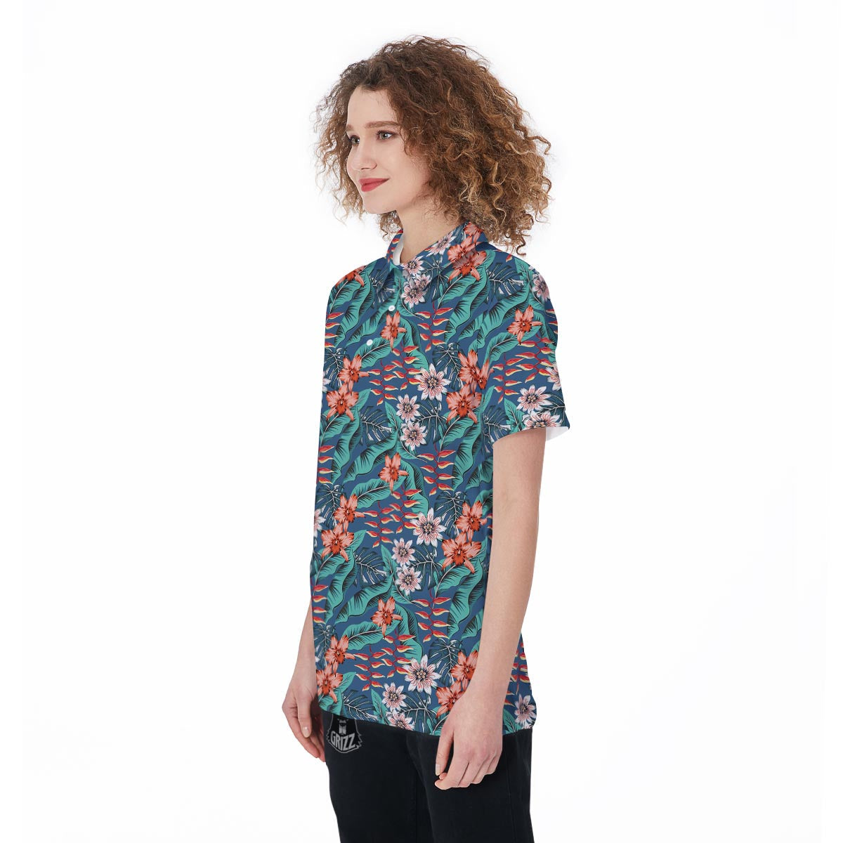 Tropical Leaf Teal Print Pattern Women's Golf Shirts-grizzshop