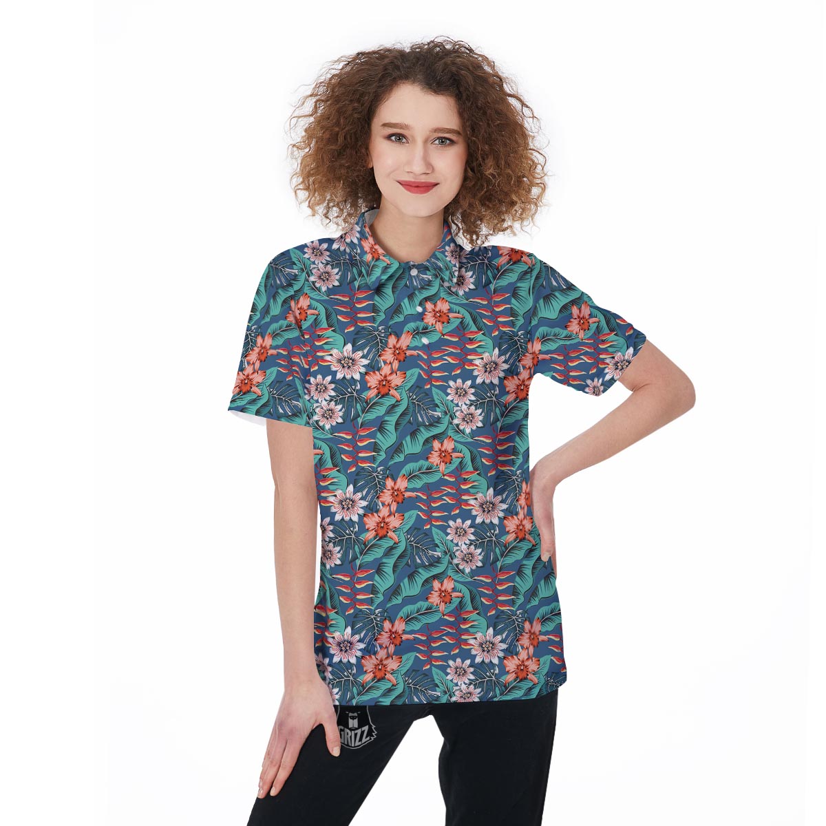 Tropical Leaf Teal Print Pattern Women's Golf Shirts-grizzshop