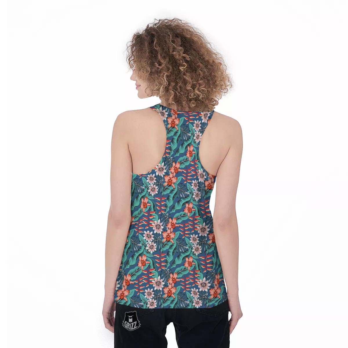 Tropical Leaf Teal Print Pattern Women's Racerback Tank Top-grizzshop