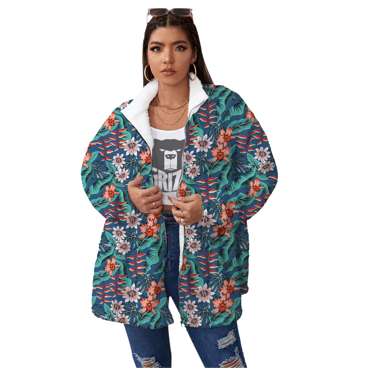 Tropical Leaf Teal Print Pattern Women's Sherpa Jacket-grizzshop