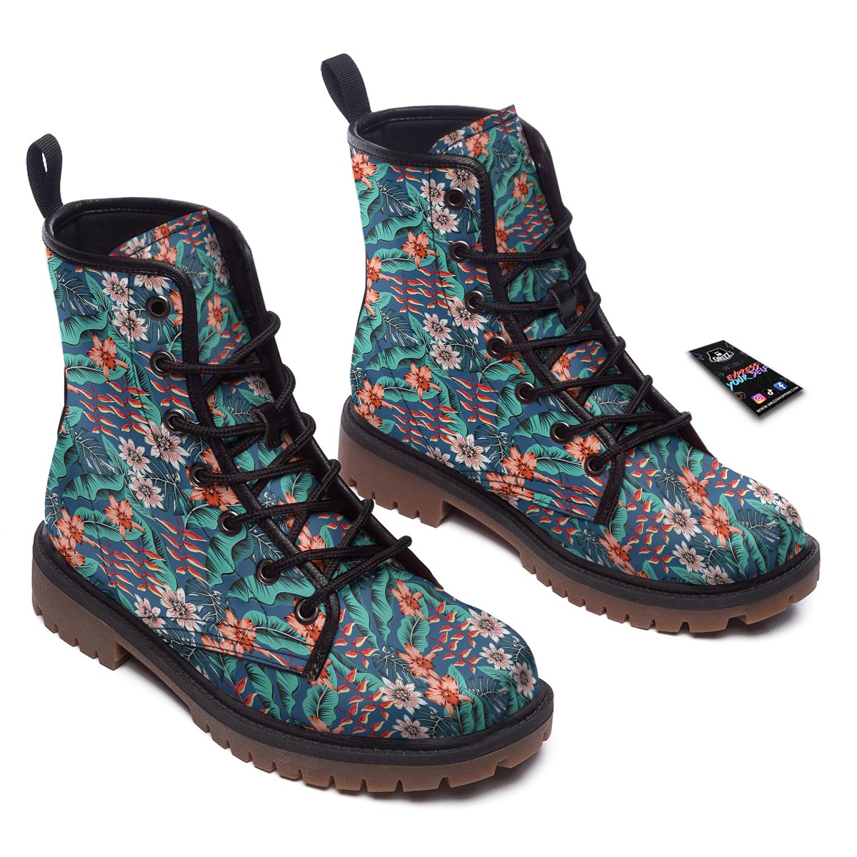 Tropical Leaf Teal Print Pattern Work Boots-grizzshop