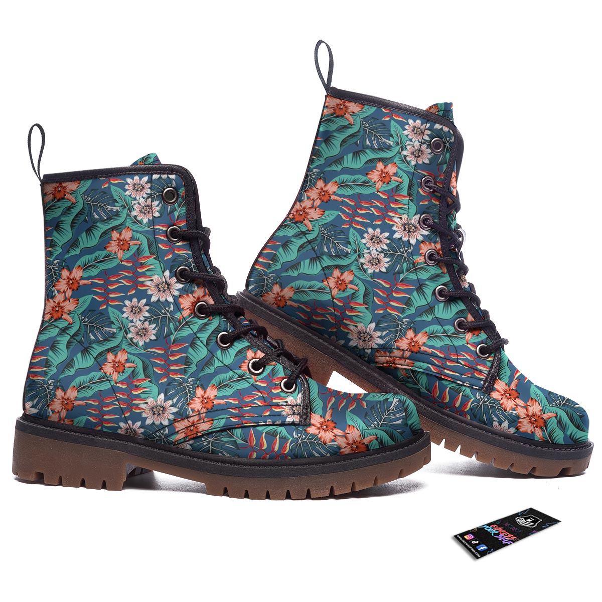 Tropical Leaf Teal Print Pattern Work Boots-grizzshop