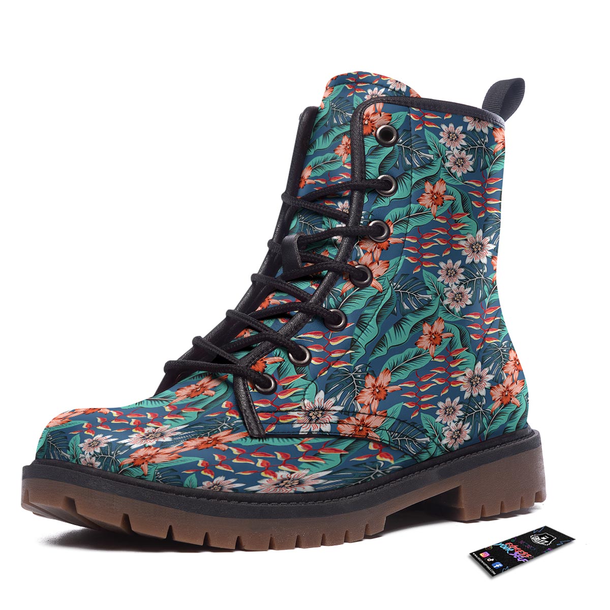 Tropical Leaf Teal Print Pattern Work Boots-grizzshop