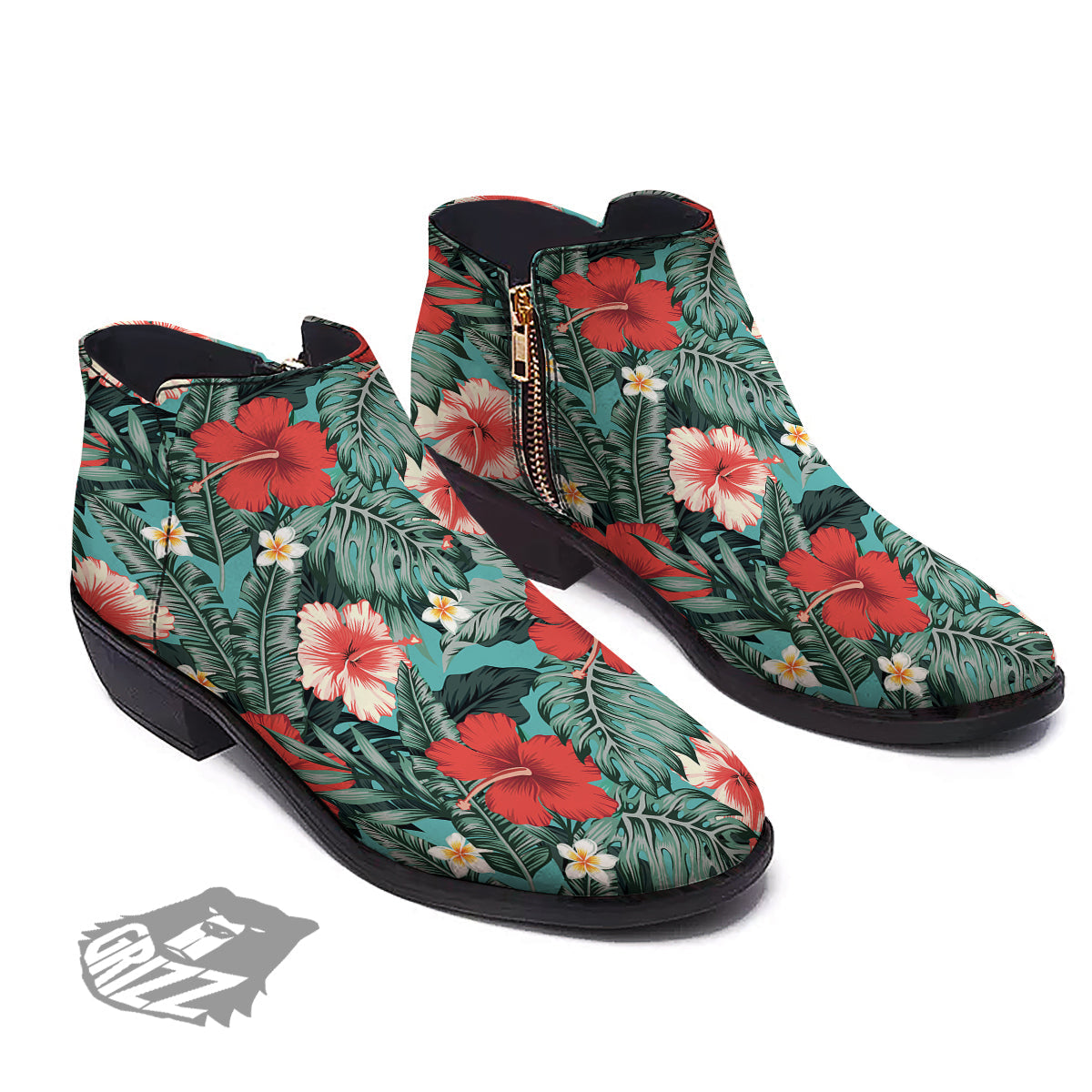 Tropical Leaf Turquoise Print Pattern Ankle Boots-grizzshop