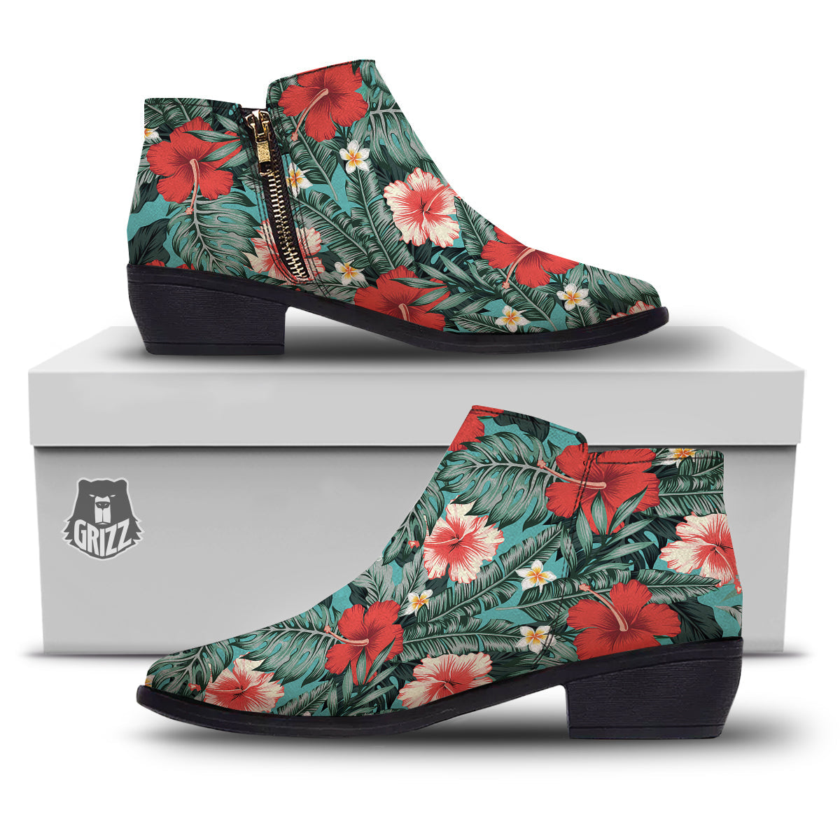 Tropical Leaf Turquoise Print Pattern Ankle Boots-grizzshop