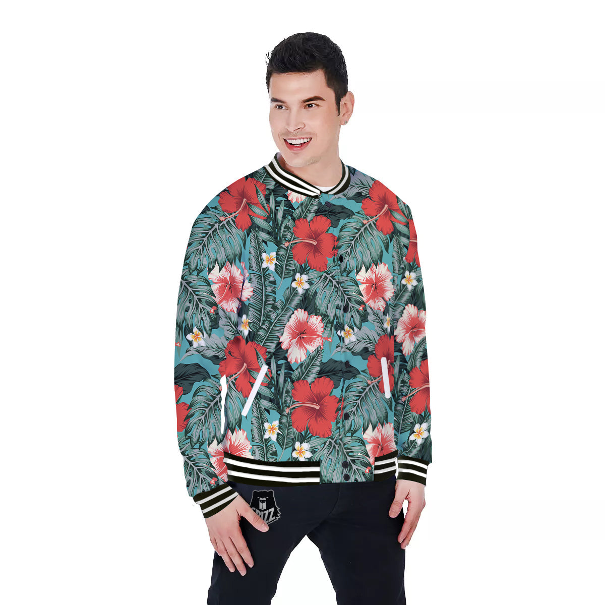 Tropical Leaf Turquoise Print Pattern Baseball Jacket-grizzshop