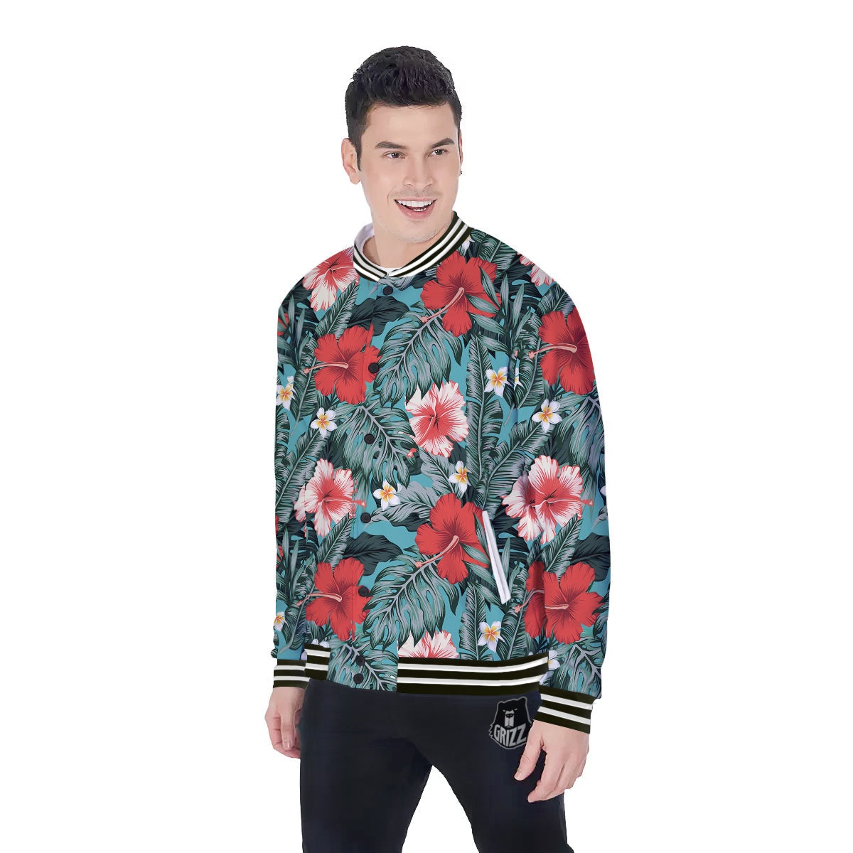 Tropical Leaf Turquoise Print Pattern Baseball Jacket-grizzshop