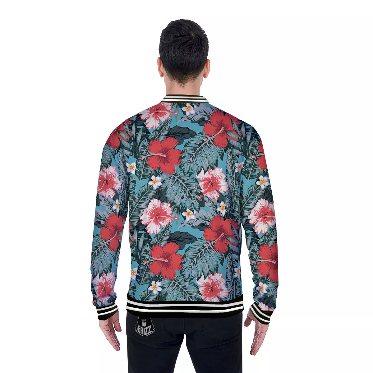 Tropical Leaf Turquoise Print Pattern Baseball Jacket-grizzshop