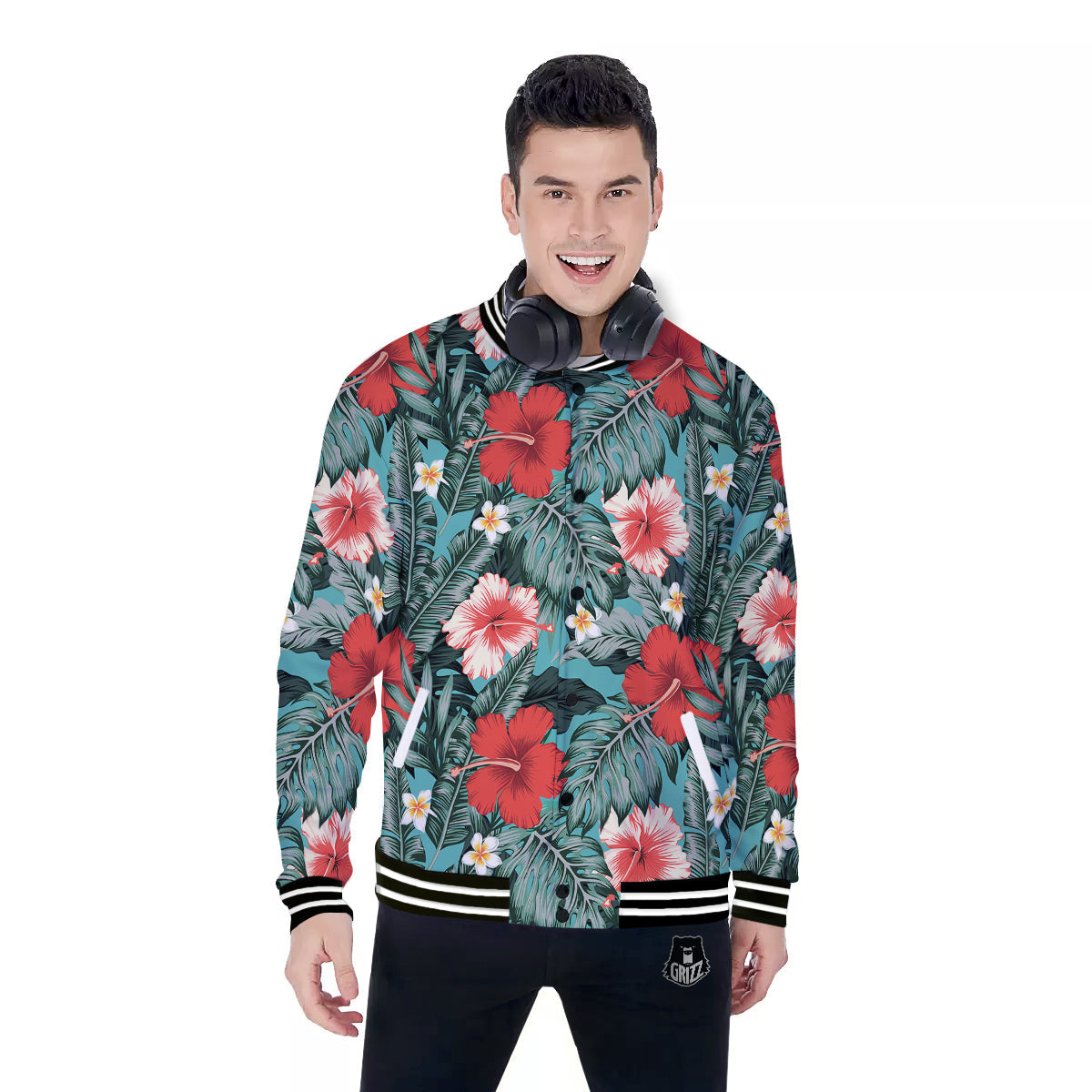 Tropical Leaf Turquoise Print Pattern Baseball Jacket-grizzshop