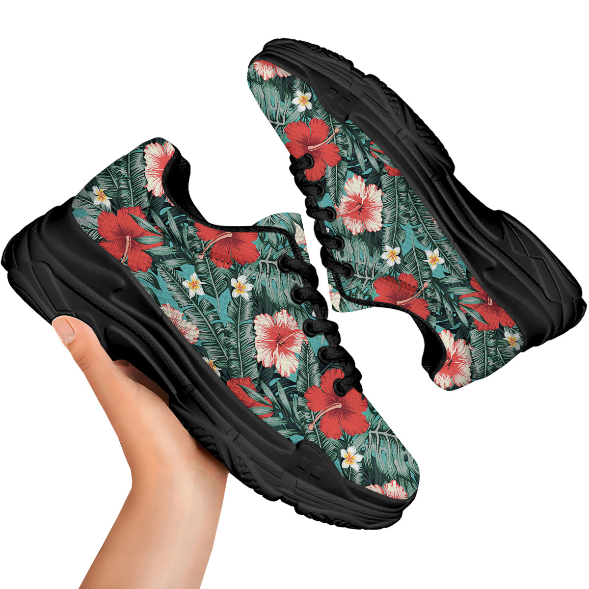 Tropical Leaf Turquoise Print Pattern Black Chunky Shoes-grizzshop